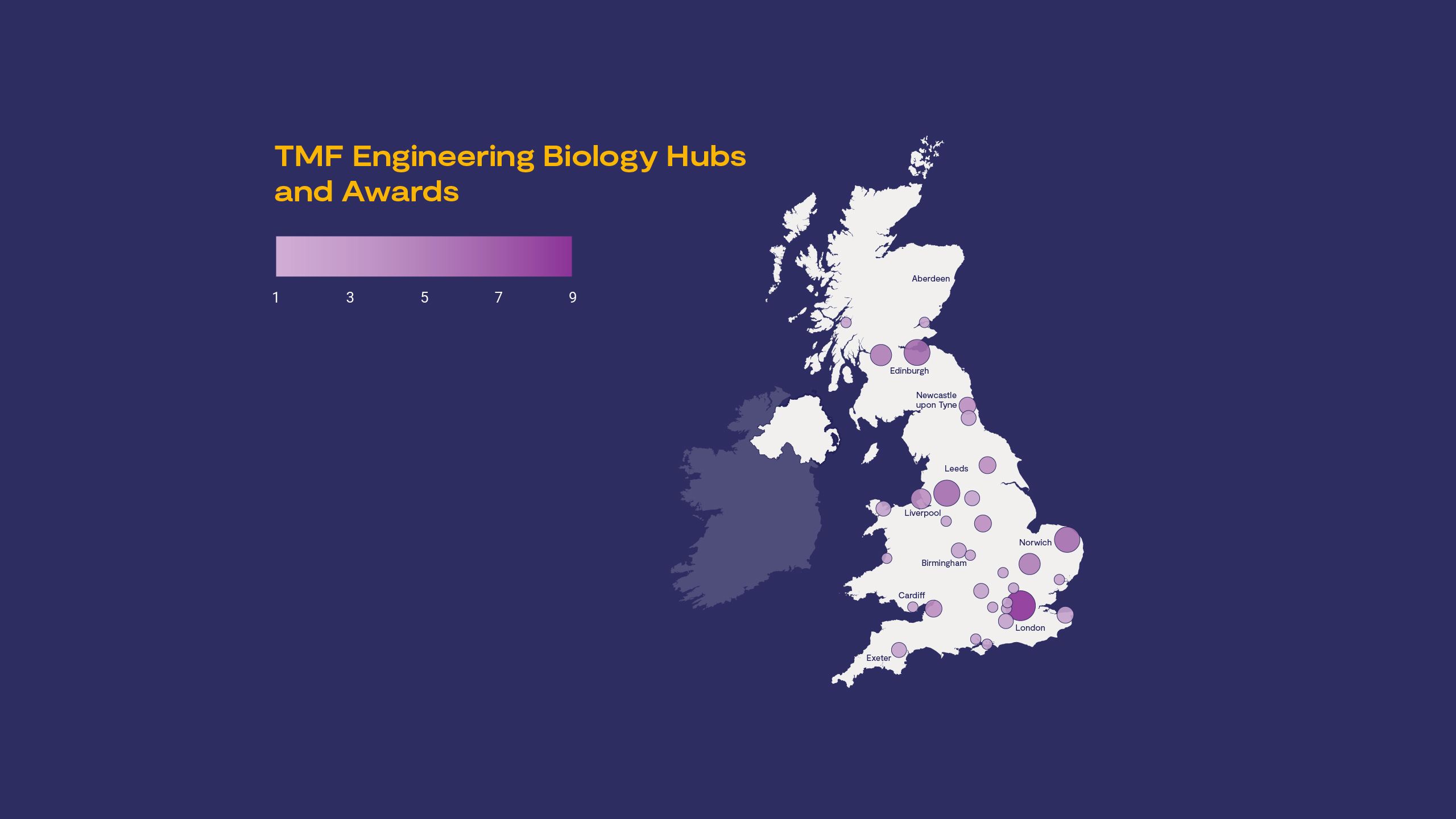 A geographic map of the UK showing the distribution of Technology Missions Fund (TMF) Engineering Biology Hubs and Awards.