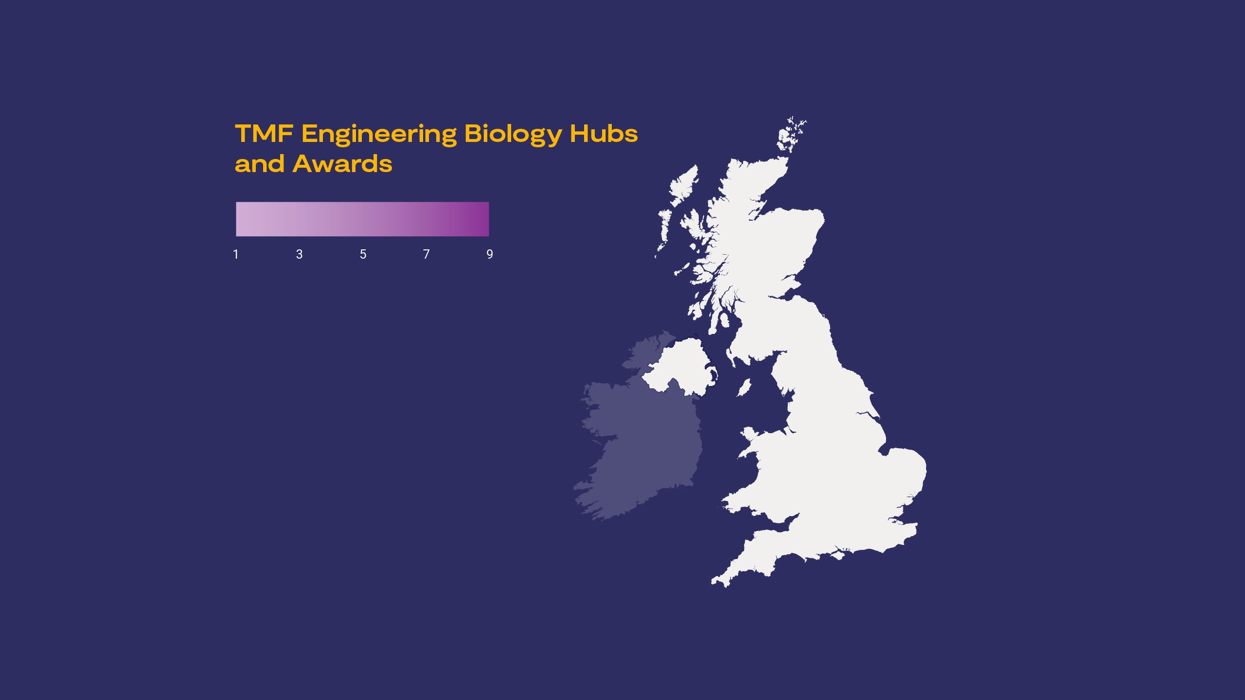 A geographic map of the UK showing the distribution of Technology Missions Fund (TMF) Engineering Biology Hubs and Awards.