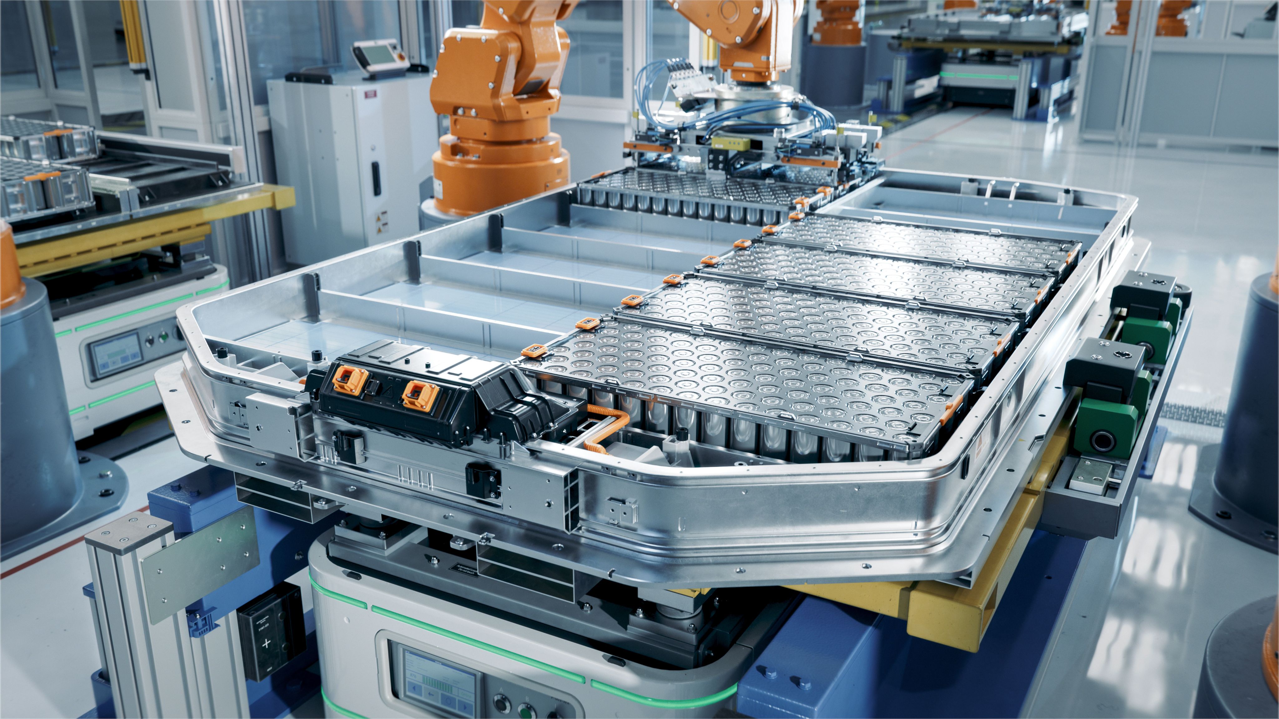 An electric vehicle battery being manufactured in a factory