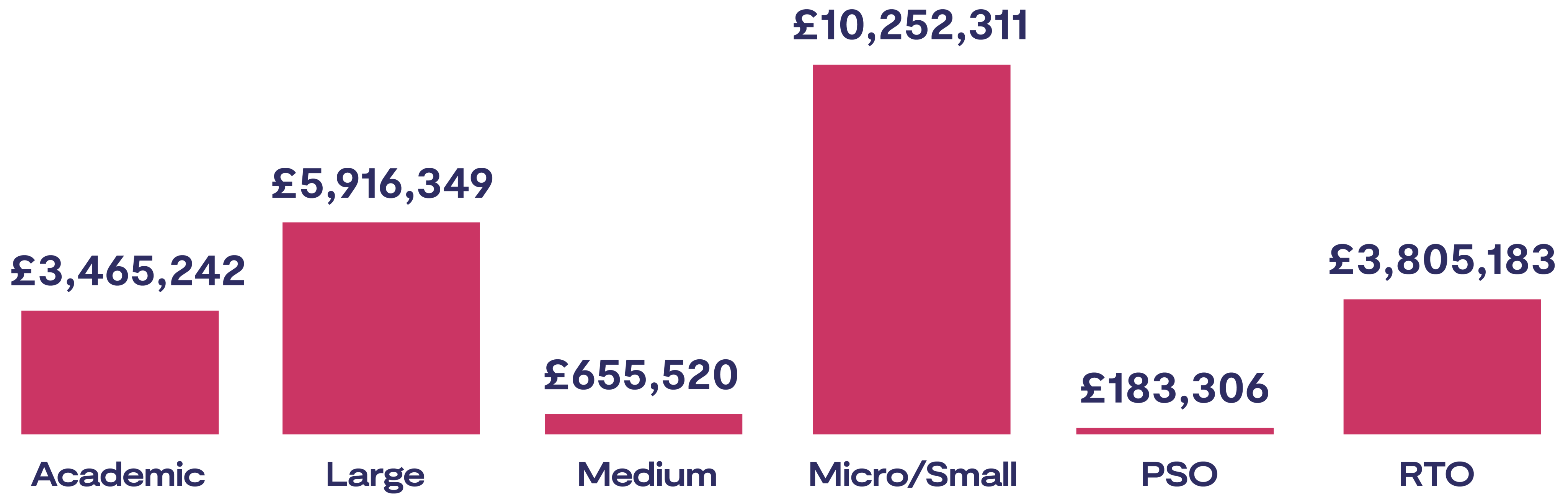 "Total grant offer" graphic displaying a bar chart of grant amounts by organisation type: Academic: £3,465,242 Large: £5,916,349 Medium: £655,520 Micro/Small: £10,252,311 PSO: £183,306 RTO: £3,805,183. The chart compares grant amounts across different organisation types.