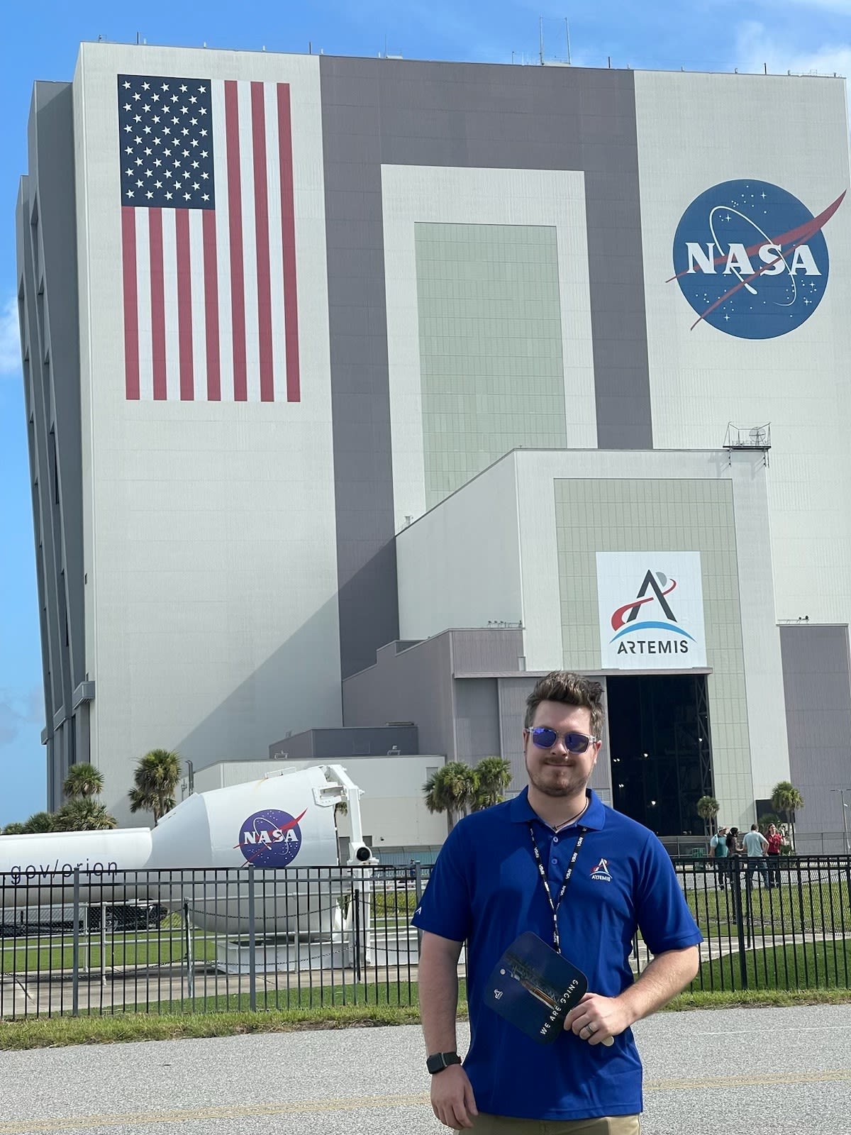 Luke Fountain outside the Vehicle Assembly Building at NASA's Kennedy Space Center.