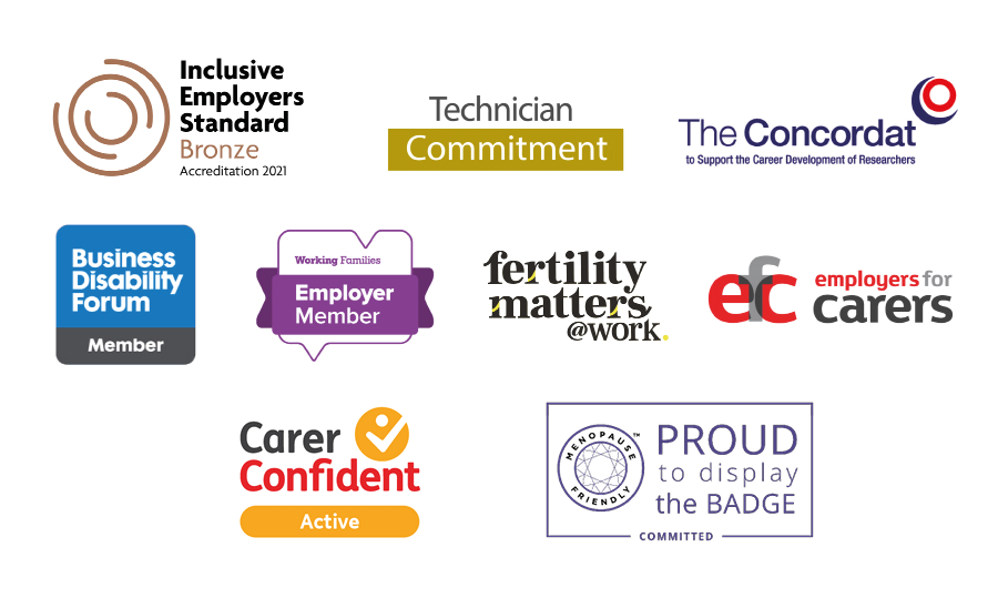 Inclusive Employers Standard Bronze logo, Technician Commitment logo, The Concordat to support the development of researchers logo, Business Disability Forum logo, Working Families Employer Member, Fertility Matters @ Work logo,logo, Employers for carers logo
