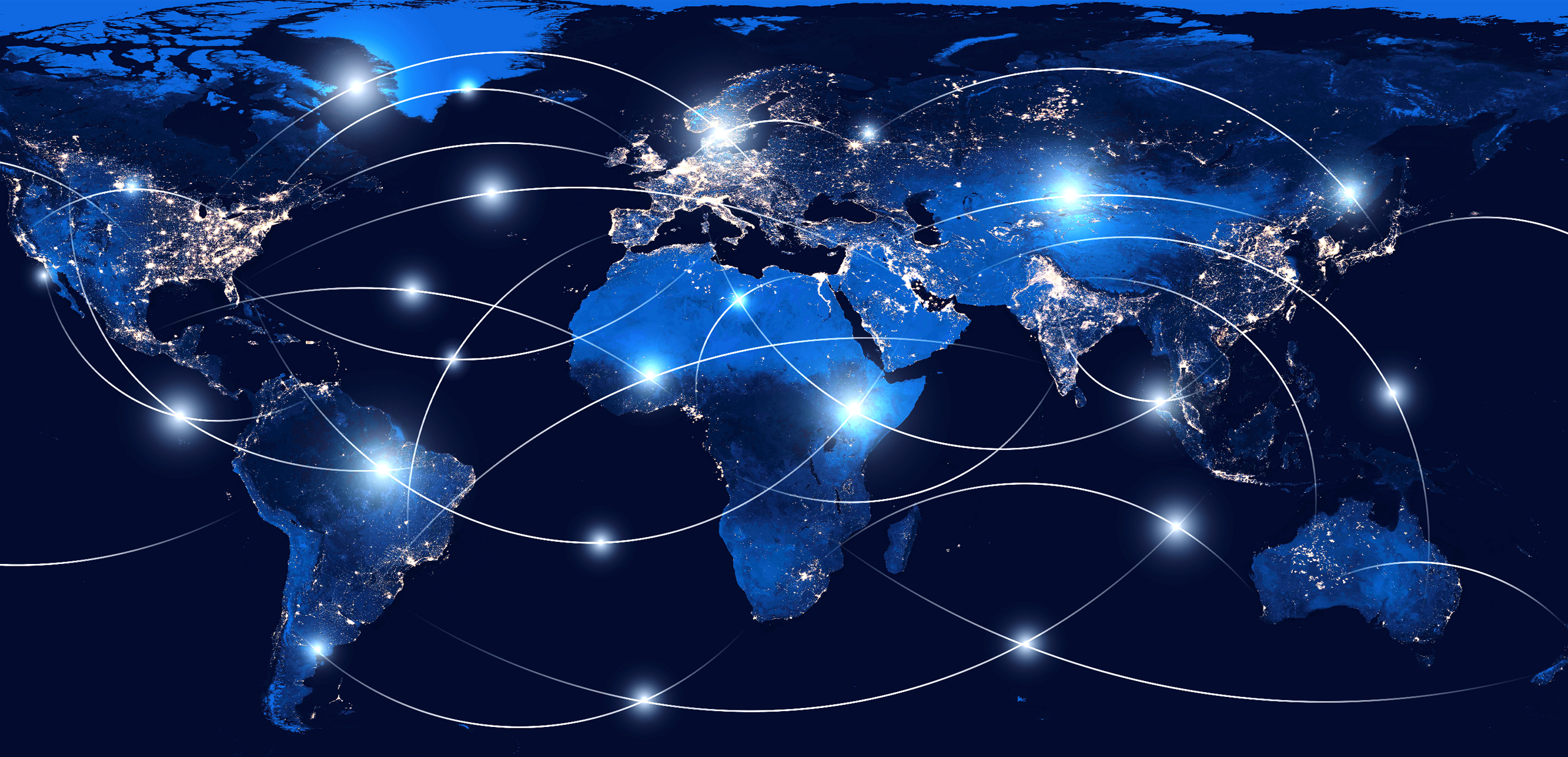 Image that shows a map of the world with white lines connecting continents together, symbolizing interconnectivity.
