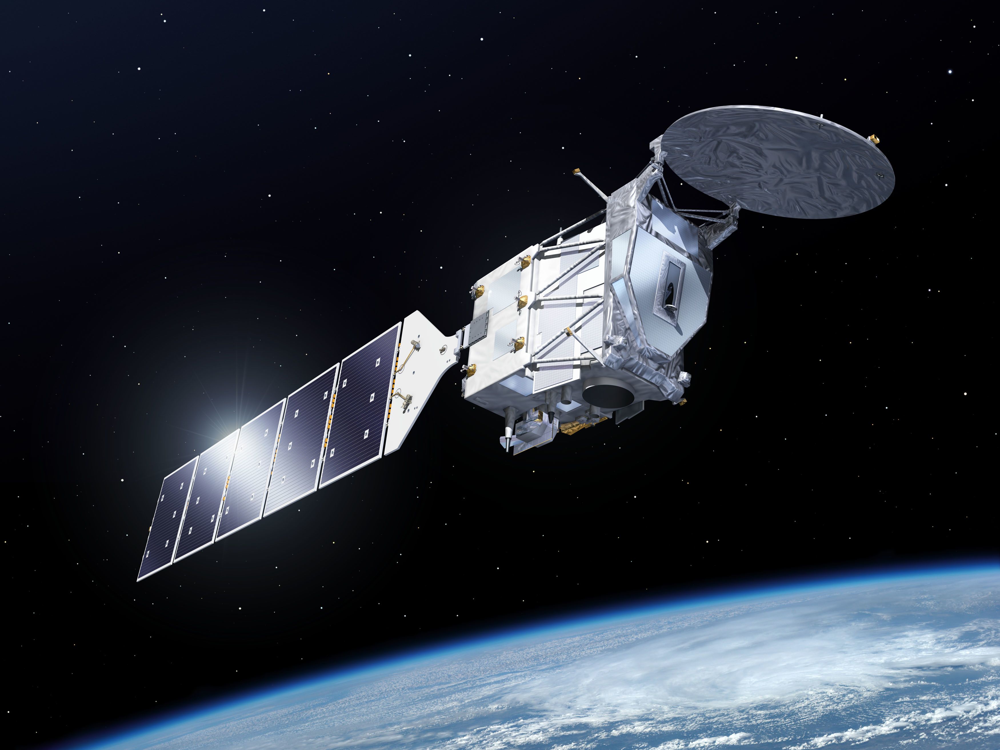 EarthCARE as seen orbiting the Earth. It is a large satellite with one long solar panel.