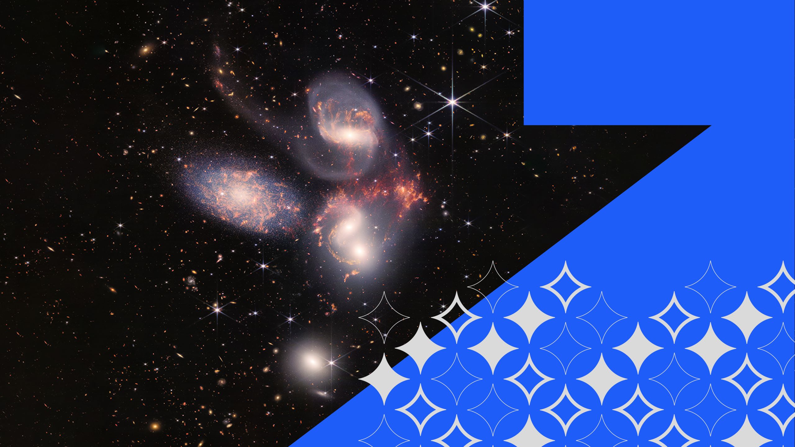 Astronomical image of Stephan’s Quintet, a group of five galaxies seen with many other stars and galaxies in the background.