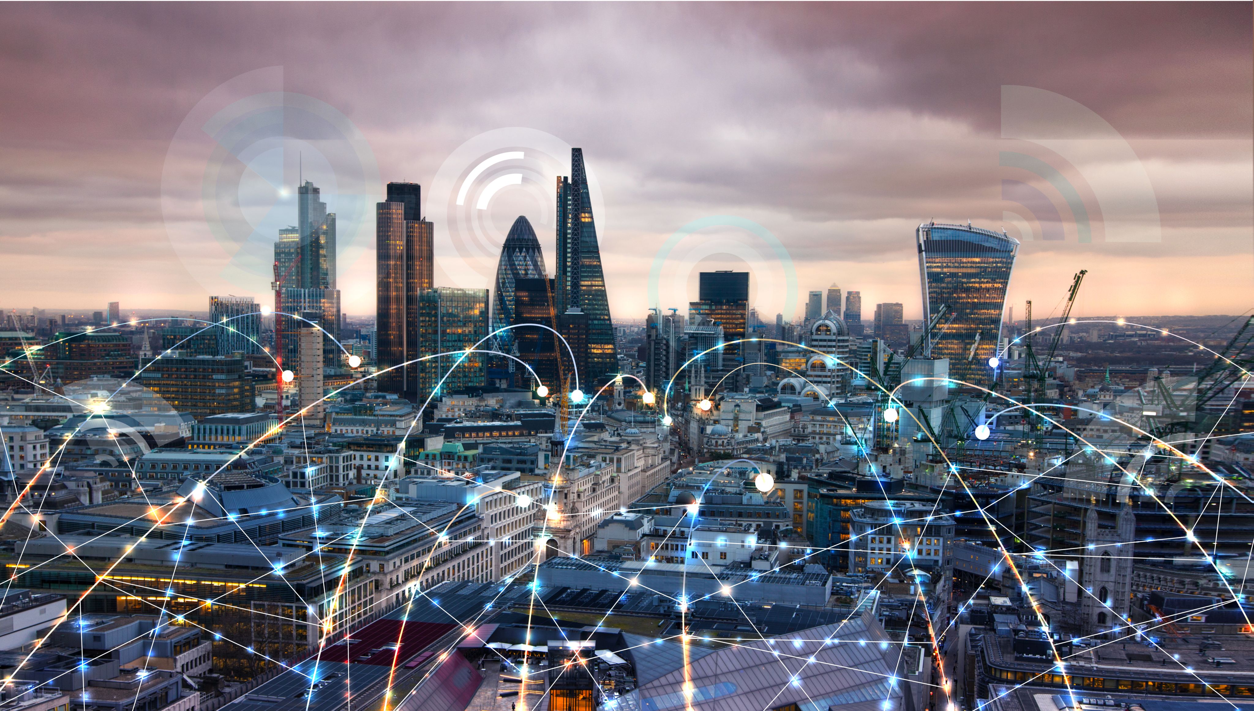 City of London at sunset. Illustration with communication and business icons, network connections